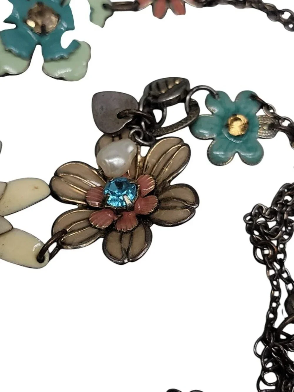 Vintage Plunder Dangling Flower Necklace Multicolor Rhinestones Silver Tone 20" - Picture 13 of 16